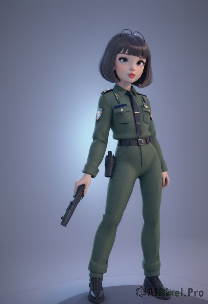 1girl,solo,looking at viewer,short hair,bangs,simple background,brown hair,shirt,black hair,long sleeves,holding,closed mouth,standing,jacket,full body,weapon,boots,parted lips,open clothes,necktie,shoes,teeth,collared shirt,belt,pants,blunt bangs,grey background,black footwear,holding weapon,uniform,black eyes,lips,gun,looking to the side,military,military uniform,makeup,bob cut,antenna hair,wing collar,lipstick,holding gun,black necktie,buckle,handgun,arm at side,legs apart,pocket,black belt,belt buckle,green jacket,emblem,red lips,breast pocket,holster,trigger discipline,police,police uniform,green pants,combat boots,blue eyes,shadow,epaulettes,pouch,thigh holster