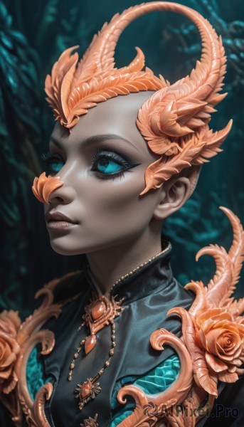 1girl,solo,short hair,blue eyes,jewelry,upper body,flower,parted lips,horns,artist name,dark skin,necklace,blurry,dark-skinned female,lips,eyelashes,makeup,blurry background,rose,colored skin,feathers,gem,portrait,eyeshadow,colored sclera,black sclera,grey skin,black lips,hair ornament,closed mouth,orange hair,aqua eyes,glowing,pale skin,eyeliner,very short hair,gold,laurel crown,blue sclera