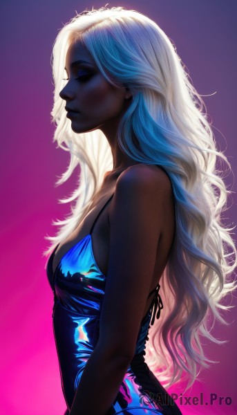 1girl,solo,long hair,breasts,simple background,dress,cleavage,bare shoulders,medium breasts,closed mouth,closed eyes,upper body,white hair,small breasts,dark skin,from side,dark-skinned female,lips,gradient,gradient background,eyelashes,profile,makeup,blue dress,colored skin,wavy hair,pink background,eyeshadow,purple background,nose,spaghetti strap,very dark skin,blue hair,multicolored hair,sleeveless,shiny,artist name,signature,black dress,sleeveless dress,backlighting,curly hair,sidelighting