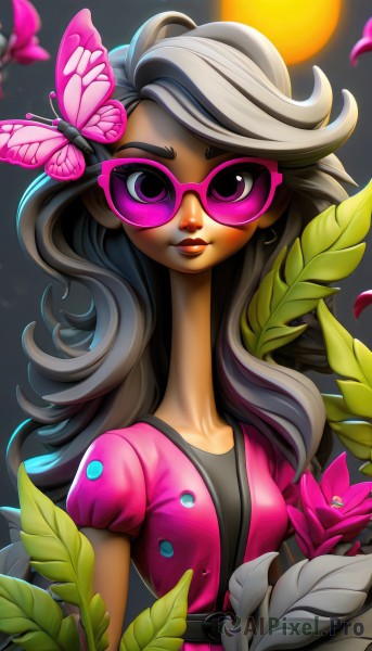 1girl,solo,long hair,breasts,looking at viewer,smile,shirt,hair ornament,purple eyes,collarbone,upper body,flower,short sleeves,grey hair,small breasts,artist name,dark skin,dark-skinned female,lips,petals,eyelashes,makeup,swept bangs,leaf,moon,sunglasses,bug,lipstick,butterfly,butterfly hair ornament,tinted eyewear,brown hair,black hair,glasses