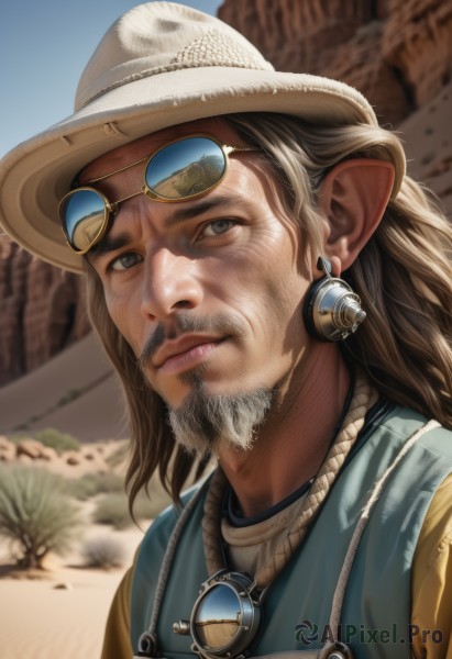 solo,long hair,looking at viewer,brown hair,shirt,1boy,hat,jewelry,closed mouth,upper body,male focus,earrings,outdoors,sky,day,pointy ears,blurry,lips,grey eyes,blurry background,facial hair,sunglasses,goggles,elf,portrait,eyewear on head,beard,realistic,nose,mustache,overalls,brown eyes,signature,necklace,blue sky,depth of field,thick eyebrows,sand,brown headwear,cowboy hat,desert,cowboy western,white-framed eyewear