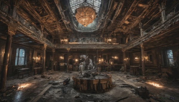 sitting,indoors,water,no humans,window,chair,scenery,lantern,wooden floor,stairs,fantasy,door,lamp,candle,ruins,pillar,arch,solo,1boy,male focus,book,table,helmet,fire,candlestand,chandelier