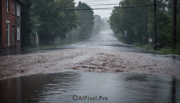 outdoors,sky,day,cloud,tree,no humans,window,grass,ground vehicle,building,nature,scenery,motor vehicle,forest,reflection,rain,sign,fence,road,bush,house,power lines,lamppost,street,utility pole,road sign,puddle,sidewalk,1girl,water,cloudy sky,fog