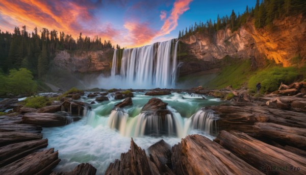 outdoors, sky, cloud, water, tree, nature, scenery, forest, sunset, mountain, river, waterfall, landscape, cliff