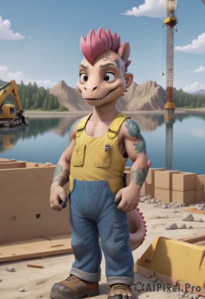 solo,smile,1boy,animal ears,brown eyes,standing,tail,full body,pink hair,male focus,outdoors,sky,teeth,day,cloud,water,black eyes,tree,blue sky,tattoo,tank top,denim,box,motor vehicle,furry,furry male,watercraft,male child,shoulder tattoo,boat,artist name,rock,mountain,overalls,mohawk,monkey tail,lizard tail