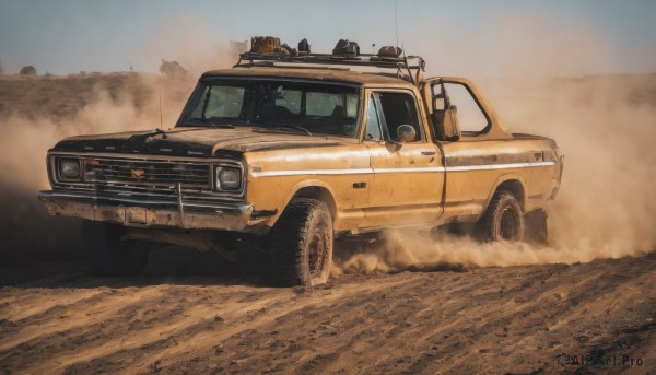 outdoors,sky,day,no humans,ground vehicle,motor vehicle,smoke,sand,car,vehicle focus,desert,dust,wheel,truck,tire,scenery,realistic,radio antenna