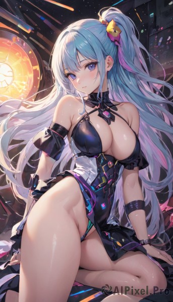 1girl,solo,long hair,breasts,looking at viewer,blush,bangs,blue eyes,large breasts,hair ornament,dress,cleavage,bare shoulders,sitting,very long hair,underwear,blue hair,purple eyes,pink hair,white hair,sidelocks,thighs,multicolored hair,parted lips,detached sleeves,black dress,leotard,groin,bare legs,covered navel,no panties,detached collar,halterneck,one side up,highleg,revealing clothes,highleg leotard,yokozuwari,halter dress,ribbon,jewelry,closed mouth,panties,hair ribbon,ponytail,frills,side ponytail,shiny skin,arm support,wristband,pink ribbon,armpit crease