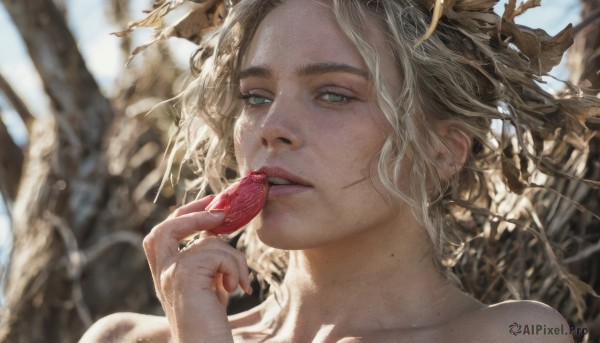 1girl,solo,looking at viewer,short hair,blonde hair,holding,green eyes,collarbone,grey hair,outdoors,parted lips,food,teeth,day,hand up,mole,blurry,tree,lips,fruit,blurry background,scar,eating,portrait,freckles,realistic,mole on cheek,bare shoulders,nude,eyelashes,depth of field,thick eyebrows,close-up,biting