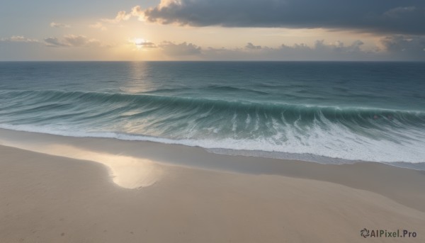 outdoors,sky,cloud,water,no humans,ocean,beach,sunlight,cloudy sky,scenery,sunset,sand,sun,horizon,waves,shore,footprints,day