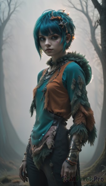 1girl,solo,breasts,looking at viewer,short hair,bangs,blue eyes,shirt,hair ornament,long sleeves,jewelry,closed mouth,blue hair,standing,cowboy shot,earrings,small breasts,outdoors,parted lips,pants,artist name,signature,hood,necklace,blurry,vest,bracelet,tree,lips,fur trim,aqua hair,tattoo,depth of field,blurry background,watermark,facial mark,black pants,ring,feathers,blue shirt,gem,nature,web address,pendant,forest,realistic,nose,arms at sides,bracer,facepaint,bare tree,feather trim,green hair,nail polish