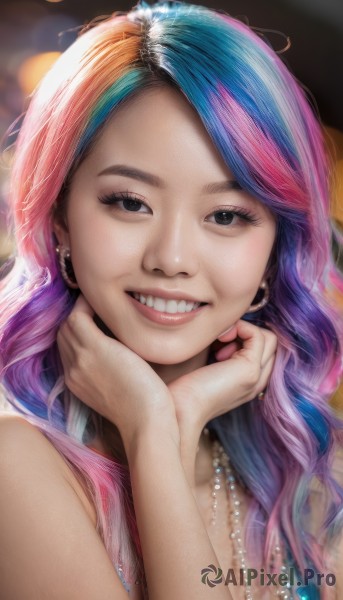 1girl,solo,long hair,looking at viewer,smile,open mouth,bangs,bare shoulders,jewelry,blue hair,upper body,pink hair,purple hair,multicolored hair,earrings,teeth,necklace,grin,blurry,black eyes,two-tone hair,lips,eyelashes,gradient hair,makeup,depth of field,blurry background,watermark,piercing,ring,ear piercing,portrait,hand on own face,personification,freckles,head rest,realistic,nose,pearl necklace,mascara,rainbow hair,artist name,streaked hair,fangs