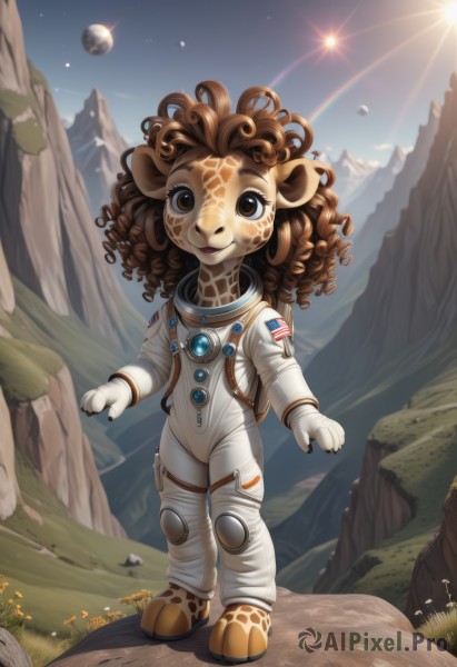 1girl,solo,long hair,looking at viewer,smile,brown hair,animal ears,brown eyes,standing,full body,flower,outdoors,sky,grass,star (sky),furry,curly hair,rock,mountain,furry female,sun,space,planet,earth (planet),spacesuit,astronaut,bodysuit,moon,animal hands,facepaint,alien,japanese flag