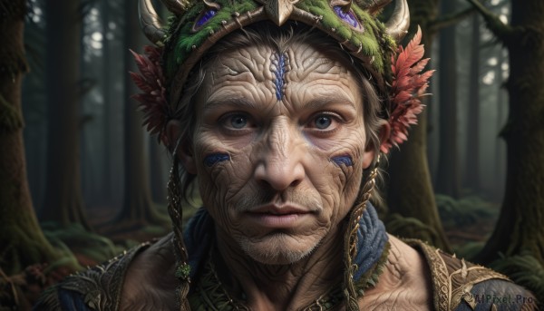 solo,looking at viewer,short hair,blue eyes,1boy,jewelry,closed mouth,male focus,outdoors,horns,blurry,tree,lips,blurry background,facial mark,gem,portrait,nature,forest,realistic,facepaint,old,1girl,brown hair,braid,collar,leaf,feathers,close-up,headdress