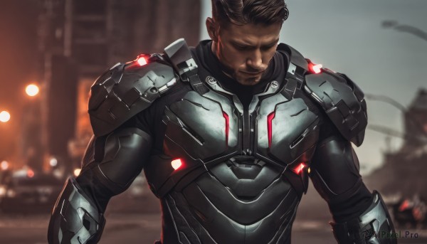 solo,short hair,brown hair,black hair,1boy,closed mouth,closed eyes,upper body,male focus,outdoors,dark skin,armor,blurry,blurry background,facial hair,dark-skinned male,facing viewer,beard,science fiction,realistic,manly,power armor,shoulder armor,undercut