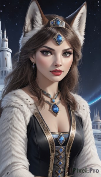 1girl,solo,long hair,breasts,looking at viewer,brown hair,dress,animal ears,cleavage,brown eyes,jewelry,medium breasts,upper body,earrings,parted lips,sky,signature,necklace,lips,animal ear fluff,fur trim,fox ears,makeup,night,tiara,lipstick,gem,star (sky),night sky,corset,pendant,eyeshadow,starry sky,circlet,nose,red lips,space,planet,castle,diadem,bangs,artist name,parted bangs,eyelashes,wolf ears,realistic