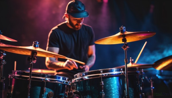 solo,shirt,1boy,hat,short sleeves,male focus,blurry,t-shirt,instrument,baseball cap,blue headwear,realistic,music,playing instrument,drum,drum set,sitting,facial hair,sunglasses,beard,mustache,manly,drumsticks