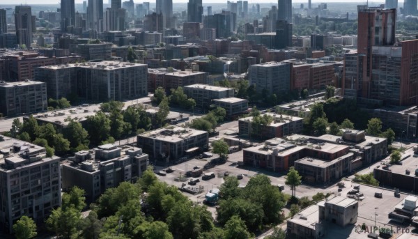 outdoors,sky,day,tree,no humans,from above,ground vehicle,building,scenery,motor vehicle,city,car,road,cityscape,ruins,skyscraper