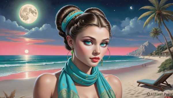 1girl,solo,breasts,looking at viewer,smile,blue eyes,brown hair,cleavage,bare shoulders,jewelry,green eyes,upper body,earrings,outdoors,sky,artist name,cloud,signature,water,hair bun,scarf,aqua eyes,dark-skinned female,tree,lips,eyelashes,makeup,night,ocean,watermark,chair,beach,moon,single hair bun,lipstick,star (sky),night sky,full moon,eyeshadow,starry sky,sunset,hoop earrings,realistic,nose,sand,palm tree,red lips,crescent moon,blue scarf,mascara,lounge chair,beach chair,hair ornament,closed mouth,braid,dark skin,umbrella,cloudy sky,web address,mountain,horizon,beach umbrella,island