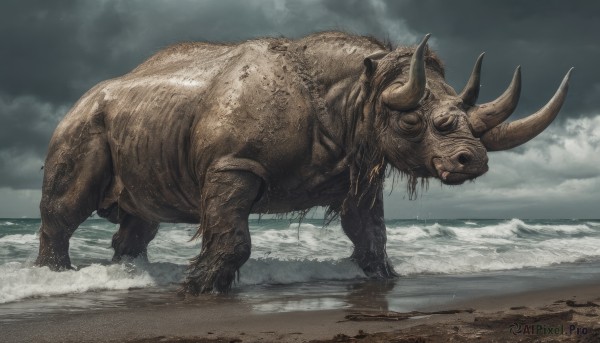 solo,standing,outdoors,horns,sky,day,cloud,water,no humans,ocean,animal,beach,cloudy sky,monster,mountain,realistic,sand,chinese zodiac,tusks,boar,teeth,snow,horror (theme),fog,pig,grey sky