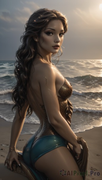 1girl,solo,long hair,breasts,looking at viewer,brown hair,black hair,dress,holding,bare shoulders,brown eyes,jewelry,medium breasts,standing,swimsuit,ass,cowboy shot,earrings,outdoors,parted lips,sky,day,looking back,artist name,cloud,signature,dark skin,water,from behind,nail polish,bracelet,from side,dark-skinned female,lips,fingernails,wet,one-piece swimsuit,eyelashes,strapless,sideboob,ocean,watermark,wavy hair,beach,sunlight,cloudy sky,strapless dress,backlighting,freckles,curly hair,sunset,backless outfit,realistic,nose,sand,sun,holding clothes,bare back,wet hair,waves,closed mouth,shiny,mole,shiny skin,tattoo,makeup,back,piercing,towel,ear piercing,horizon,shore,brown nails,thick lips