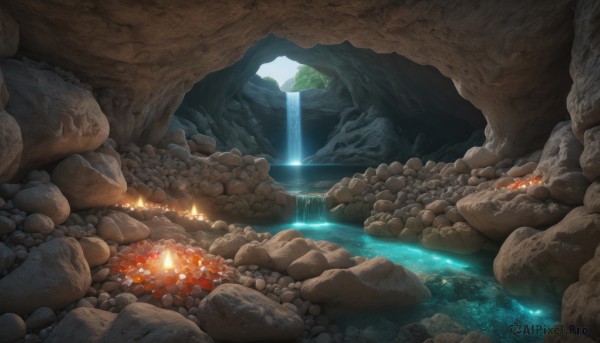 An iconic waterfall framed by a inviting fiery outdoors