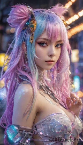 1girl,solo,long hair,breasts,looking at viewer,bangs,blue eyes,large breasts,hair ornament,holding,cleavage,bare shoulders,jewelry,medium breasts,closed mouth,underwear,blue hair,upper body,pink hair,multicolored hair,earrings,food,necklace,hair bun,nail polish,bra,blurry,two-tone hair,lips,fingernails,eyelashes,double bun,makeup,blurry background,piercing,realistic,nose,artist name,hand up,armor,from side,looking to the side,gradient hair,depth of field,chain,watermark,expressionless,feathers,gem,pink nails,blue nails,long fingernails,science fiction,pink lips,eyeliner,feather hair ornament,bokeh,mascara