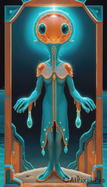 1girl,solo,breasts,looking at viewer,smile,blue eyes,dress,medium breasts,standing,full body,bodysuit,glowing,colored skin,monster girl,blue skin,dripping,slime (substance),slime girl,liquid,artist name,see-through,facing viewer,floating,creature