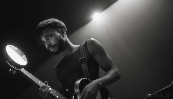 solo,looking at viewer,short hair,shirt,1boy,holding,monochrome,upper body,greyscale,male focus,sleeveless,dark skin,facial hair,dark-skinned male,tank top,instrument,beard,realistic,music,guitar,playing instrument,holding instrument,electric guitar,bass guitar,spotlight,stage lights,plectrum,jewelry,closed mouth,earrings,light,cable