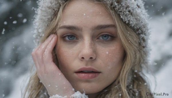 1girl, solo, long hair, looking at viewer, blue eyes, blonde hair, parted lips, hood, blurry, lips, fur trim, eyelashes, portrait, snow, close-up, hand on own face, freckles, snowing, realistic