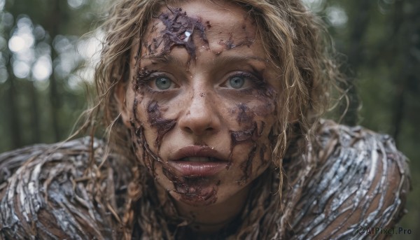 1girl,solo,long hair,looking at viewer,blue eyes,blonde hair,parted lips,teeth,blurry,lips,depth of field,blurry background,portrait,close-up,science fiction,realistic,green eyes,eyelashes,nose,dirty