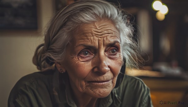 1girl,solo,blue eyes,shirt,jewelry,closed mouth,upper body,white hair,grey hair,earrings,indoors,blurry,lips,grey eyes,blurry background,looking away,messy hair,portrait,realistic,old,old man,old woman,wrinkled skin,tears,hair bun,sweater,depth of field,parody,single hair bun,fake screenshot