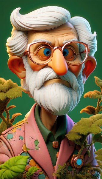 solo,looking at viewer,blue eyes,simple background,shirt,1boy,jacket,upper body,white hair,male focus,glasses,collared shirt,artist name,signature,gradient,gradient background,buttons,facial hair,leaf,plant,wing collar,beard,green background,round eyewear,green shirt,mustache,pink jacket,vines,old,old man,wrinkled skin,necktie,teeth,tree,sunglasses,portrait