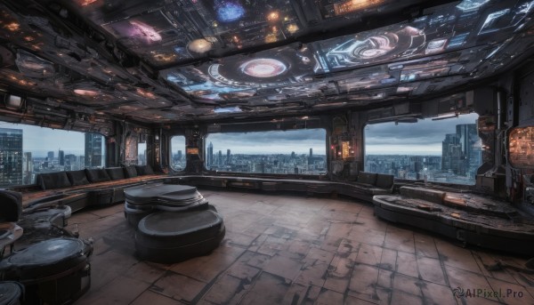 sky,cloud,indoors,no humans,window,night,building,scenery,science fiction,city,tiles,cityscape,tile floor,skyscraper,spacecraft,realistic