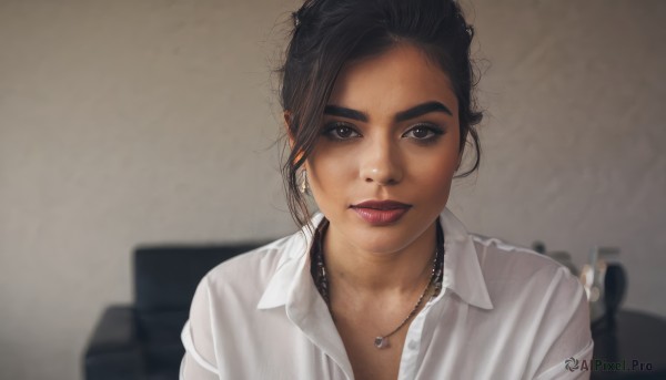 1girl,solo,looking at viewer,short hair,shirt,black hair,jewelry,sitting,white shirt,upper body,earrings,parted lips,collared shirt,indoors,necklace,blurry,black eyes,lips,grey eyes,dress shirt,blurry background,chair,thick eyebrows,messy hair,portrait,freckles,realistic,nose,brown eyes,makeup,lipstick,close-up