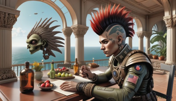 solo,short hair,red eyes,1boy,jewelry,sitting,closed eyes,male focus,red hair,multicolored hair,earrings,food,sky,day,cloud,indoors,water,armor,uniform,bracelet,from side,two-tone hair,cup,lips,military,military uniform,tattoo,profile,fruit,bird,ocean,chair,piercing,table,bottle,plant,ear piercing,plate,alcohol,drinking glass,science fiction,realistic,nose,palm tree,apple,railing,horizon,flag,potted plant,wine glass,undercut,cyborg,wine,pillar,vase,wine bottle,alien,banana,american flag,mohawk,union jack,nose piercing,japanese flag,column,eyebrow piercing,cactus,pineapple,1girl,black hair,dark skin,knife,spiked hair,skull,asymmetrical hair,facepaint,facial tattoo,grapes