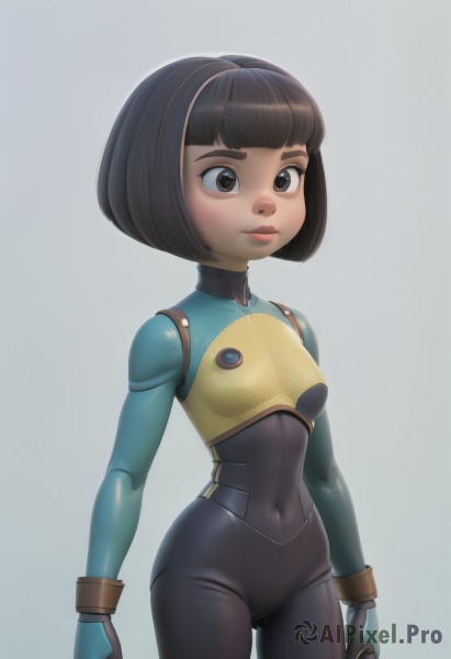 1girl,solo,breasts,smile,short hair,bangs,simple background,brown hair,black hair,gloves,brown eyes,closed mouth,standing,cowboy shot,small breasts,dark skin,blunt bangs,grey background,armor,lips,bodysuit,covered navel,turtleneck,bob cut,skin tight,breastplate,arms at sides,black eyes,cameltoe,black bodysuit,blue bodysuit