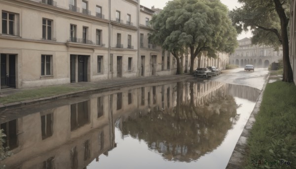 outdoors,day,water,tree,no humans,window,grass,plant,ground vehicle,building,scenery,motor vehicle,reflection,car,road,bush,house,bridge,street,river,sky