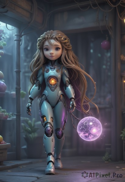 1girl,solo,long hair,looking at viewer,blue eyes,blonde hair,brown hair,very long hair,closed mouth,standing,purple eyes,full body,outdoors,food,blurry,lips,bodysuit,fruit,glowing,chain,heterochromia,plant,child,walking,science fiction,apple,android,female child,cyborg,orb,cyberpunk,smile,facial mark,robot,forehead mark,basket,joints,cable,robot joints,alley