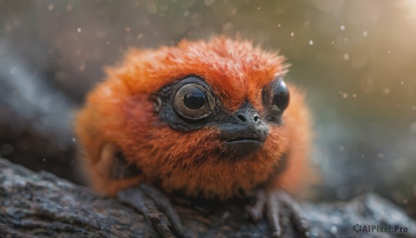 solo, closed mouth, outdoors, signature, blurry, no humans, blurry background, bird, animal, snow, snowing, realistic, animal focus