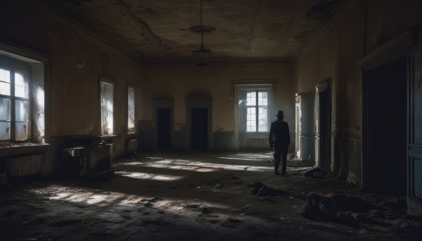 solo,1boy,standing,male focus,day,indoors,bag,from behind,window,chair,table,sunlight,scenery,light rays,door,light,ruins,wide shot,hallway,broken window,shadow,1other,silhouette,dark