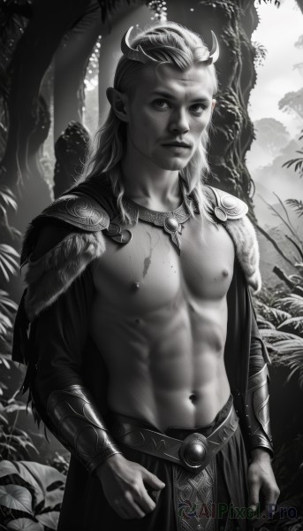 solo,long hair,looking at viewer,1boy,navel,jewelry,closed mouth,nipples,standing,monochrome,greyscale,male focus,cowboy shot,outdoors,horns,pointy ears,belt,artist name,signature,necklace,stomach,cape,armor,tree,muscular,scar,abs,pectorals,muscular male,shoulder armor,nature,forest,toned,pauldrons,topless male,realistic,nose,arms at sides,bare pectorals,leaf,bara,freckles,bracer