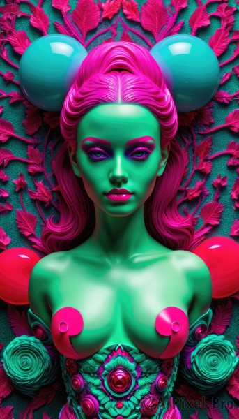 1girl,solo,long hair,breasts,looking at viewer,blue eyes,medium breasts,closed mouth,nipples,purple eyes,collarbone,upper body,pink hair,hair bun,lips,double bun,makeup,colored skin,leaf,plant,lipstick,breasts apart,eyeshadow,nose,eyeliner,green skin,pink skin,plant girl,flower,nude,eyelashes,mascara