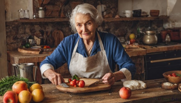 1girl,solo,looking at viewer,smile,short hair,shirt,long sleeves,holding,closed mouth,upper body,white hair,grey hair,food,indoors,blurry,apron,lips,fruit,depth of field,table,blue shirt,knife,bowl,realistic,nose,apple,basket,holding knife,carrot,old,old man,cooking,ladle,kitchen,tomato,vegetable,counter,old woman,potato,kitchen knife,wrinkled skin,cutting board,onion,blue eyes,jewelry,scar,steam,scar on face,sleeves rolled up,smoke,radish