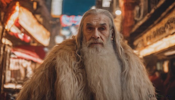 solo,long hair,looking at viewer,blue eyes,1boy,closed mouth,upper body,white hair,male focus,outdoors,blurry,night,depth of field,blurry background,facial hair,building,beard,city,realistic,old,old man,wrinkled skin,grey hair,scar,thick eyebrows,scar on face