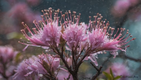 flower, outdoors, blurry, tree, no humans, depth of field, blurry background, scenery, branch, still life