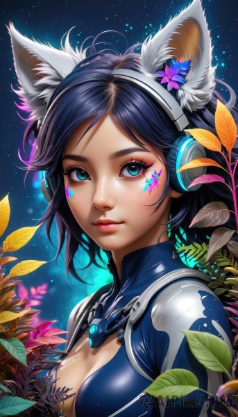 1girl,solo,breasts,looking at viewer,short hair,bangs,blue eyes,black hair,hair ornament,animal ears,cleavage,medium breasts,closed mouth,blue hair,upper body,flower,outdoors,sky,shiny,artist name,cat ears,signature,hair flower,mole,aqua eyes,lips,animal ear fluff,parted bangs,fox ears,clothing cutout,eyelashes,bodysuit,makeup,night,swept bangs,headphones,leaf,facial mark,cleavage cutout,plant,lipstick,star (sky),skin tight,eyeshadow,starry sky,mole on breast,pink lips,nose,eyeliner,whisker markings,mascara,star (symbol),fake animal ears,web address,facepaint,blue bodysuit,animal ear headphones