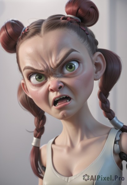 1girl,solo,long hair,breasts,looking at viewer,open mouth,brown hair,shirt,cleavage,twintails,green eyes,collarbone,upper body,braid,small breasts,teeth,artist name,hair bun,blurry,twin braids,v-shaped eyebrows,double bun,fangs,tank top,angry,forehead,freckles,realistic,hair tie,cyborg,medium breasts,lips,sharp teeth,nose,prosthesis