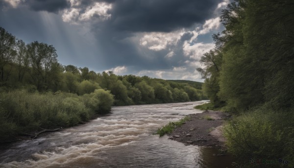 outdoors,sky,day,cloud,water,tree,blue sky,no humans,sunlight,cloudy sky,grass,nature,scenery,forest,light rays,road,bush,sunbeam,river,landscape,path,plant