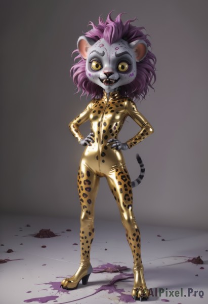 1girl,solo,breasts,looking at viewer,smile,open mouth,animal ears,standing,tail,full body,yellow eyes,purple hair,small breasts,teeth,grey background,bodysuit,fangs,sharp teeth,animal print,claws,furry,zipper,legs apart,hands on hips,furry female,pink hair,high heels,blood,cameltoe,colored skin,skin tight,shiny clothes,latex,latex bodysuit,yellow bodysuit