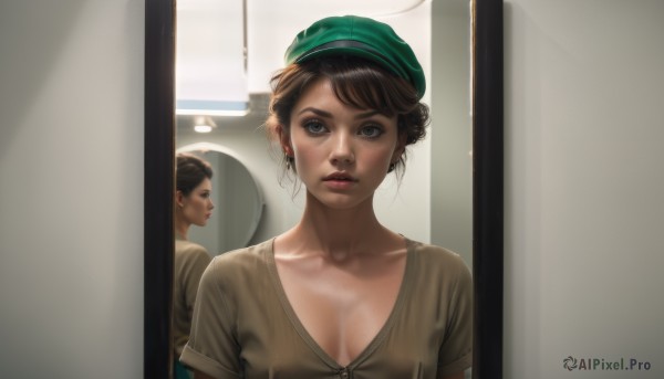 1girl,breasts,looking at viewer,short hair,multiple girls,brown hair,shirt,black hair,hat,2girls,cleavage,brown eyes,jewelry,medium breasts,collarbone,upper body,short sleeves,earrings,small breasts,parted lips,solo focus,indoors,hair bun,black eyes,lips,grey eyes,beret,freckles,reflection,mirror,realistic,nose,green headwear,brown shirt,solo,bangs,blue eyes,makeup